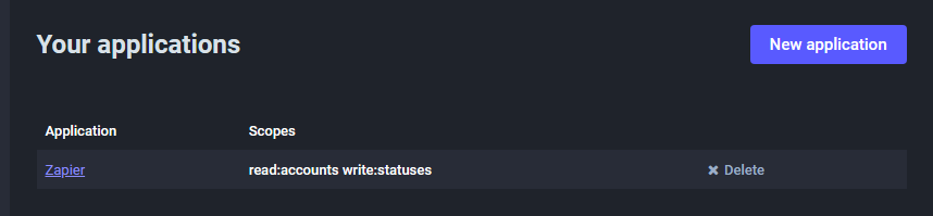 A mastodon app with required scopes.