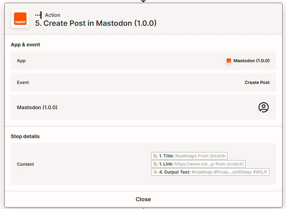 Zapier zap step to publish to Mastodon