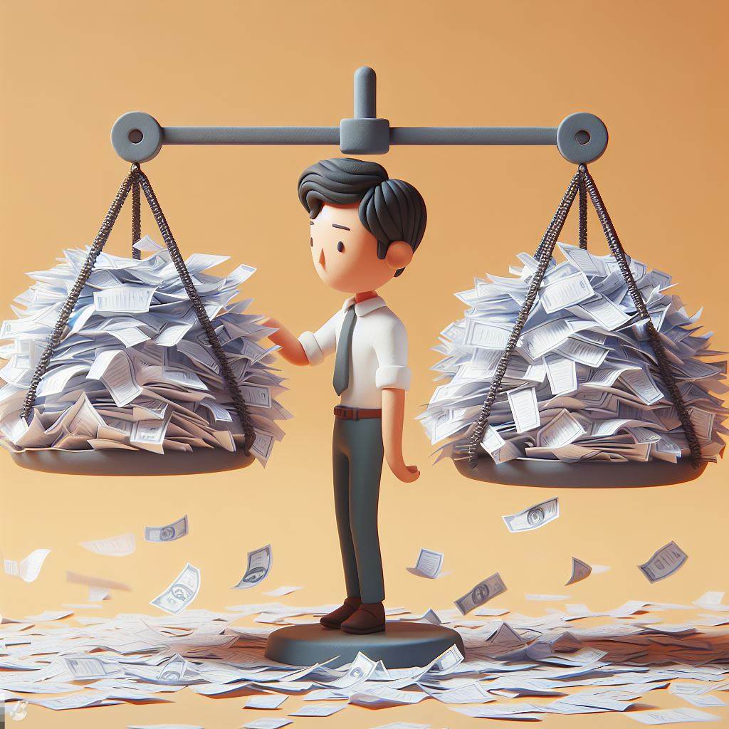 A man in a tie standing between two old fashion scales loaded with paper.